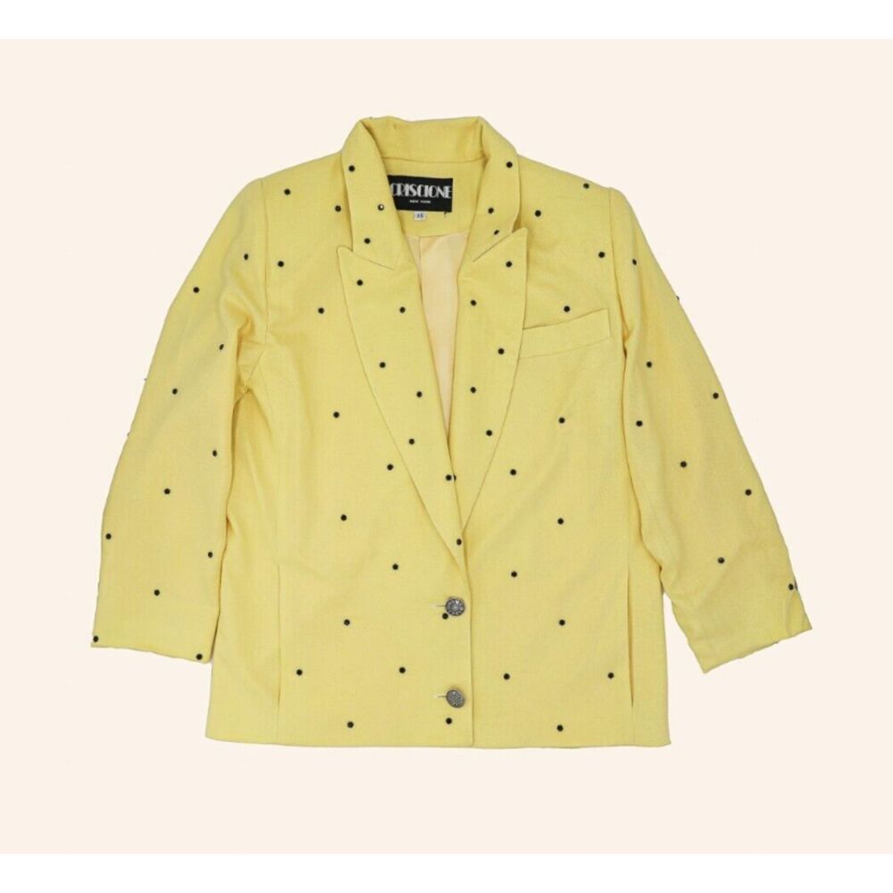 Yellow Studded Blazer Polka‎ Dot Rhinestone Single Button Vintage Womens Size S